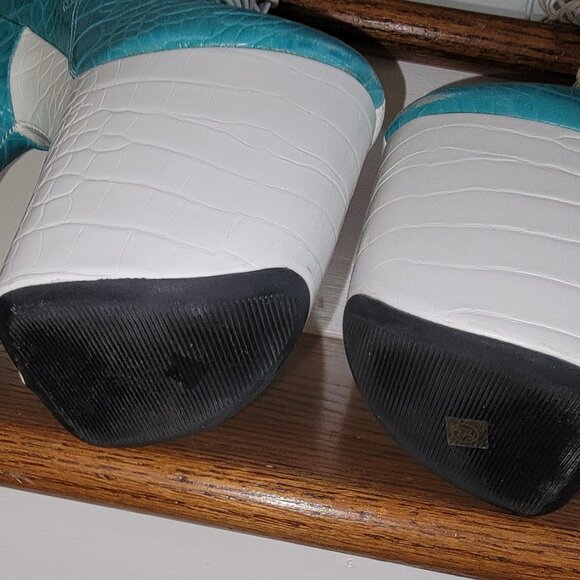 Hella Heels SNAPPED White/Aqua Knee Boot - 8INCH Size 6 - Picture 2 of 6